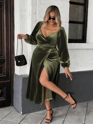 Vestido de manga larga con cuello de corazón de terciopelo elegante y abertura alta, adecuado para banquetes, fiestas y uso diario, otoño/invierno