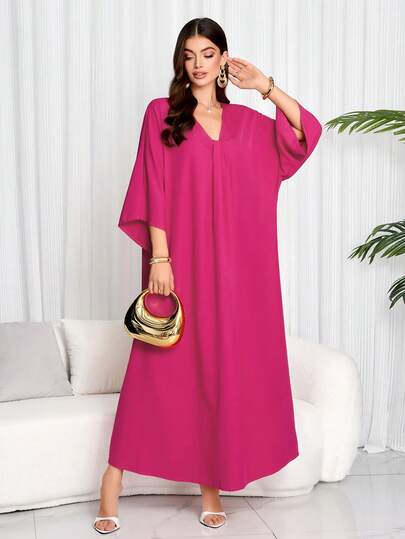 Spring/Summer Stylish Elegant Solid Color Notched V-Neck Dolman Sleeve Women's Arabic Dress