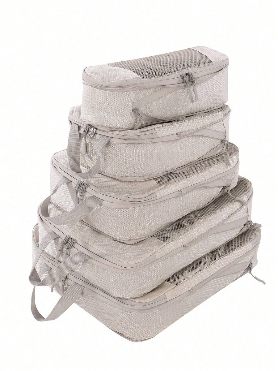 Compression Storage Bags, Clothes Storage, Travel Storage Bag Set, Reusable Waterproof Large Capacity Compression Organizer Bags, Double Layer Double Zipper Design, Suitable For Business, Vacation Or Travel, Unisex, Nylon Material, Travel Essential - Beige - View 1