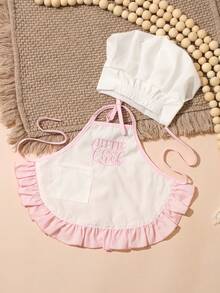 Baby Pink Embroidered Chef Photography Costume, White Chef Coat With Pink Trim Apron Set, Infant/Toddler Unisex Photo Shoot Outfit - Pinkish White - View 3