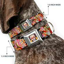 Buckle Down Seatbelt Buckle Dog Collar, ,(1.5" Wide - Fits 16-23" Neck - Medium Dancing Catrinas Collage Multi Color) - Multicolor - Ver 2