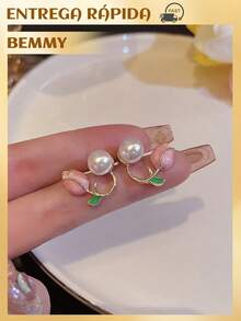 BEMMY Elegant Pearl Earrings With Tulip Flower, Suitable For Women To Wear Daily And At Parties. - 粉色 - 查看 5