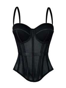 Women's Solid Color Corset-Style Brown Backless Mesh Camisole With Bra, Autumn/Winter Lingerie Casual Black - 粉色 - 查看 1