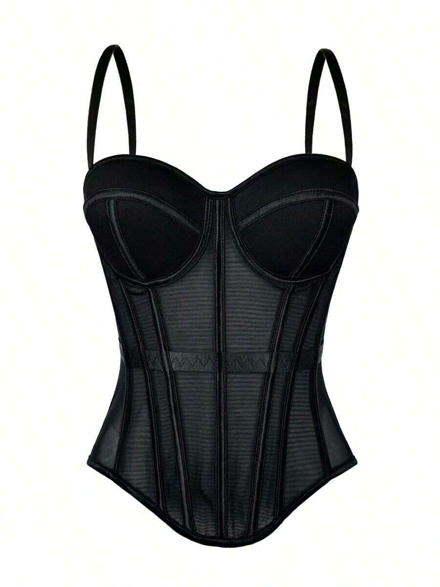 Women's Solid Color Corset-Style Brown Backless Mesh Camisole With Bra, Autumn/Winter Lingerie Casual Black - 粉色 - 查看 1