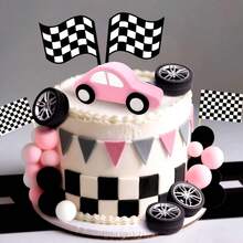LaVenty Race Car Cake Decorations Car Cake Topper Checkered Flag Cake Topper Growing Up Two Fast Birthday Decor Fast One Fast Three Need Four Speed Birthday Decorations - Multicolor - View 3