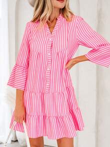 Acelitt 女士优雅宽松迷你连衣裙，层叠荷叶边撞色条纹喇叭袖，春秋季 - 粉色 - 查看 3