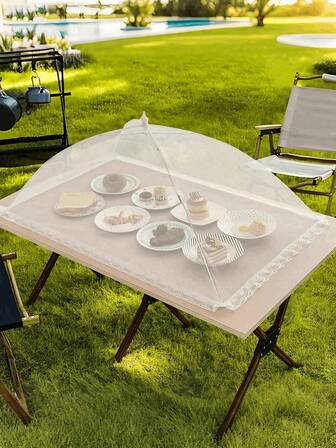 1pc White Foldable Anti-Insect/Mosquito Food Cover - Removable & Washable Mesh Vegetable Table Cover, Suitable For Camping/Restaurant
