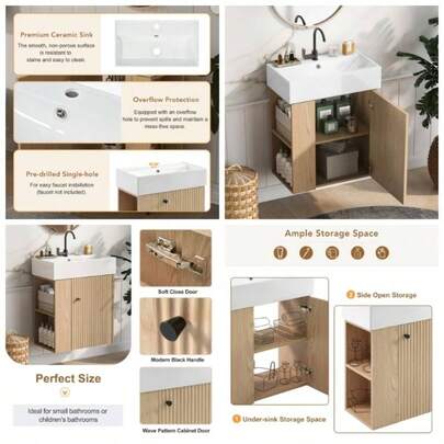 Video21.6 Inch Modern Floating Bathroom Vanity With Ceramic Basin - Small Bathrooms, Left Side Storage