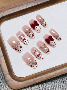 10 móng tay giả thủ công hình oval, móng acrylic dán, cỡ trung bình, móng hồng nhẹ nhàng, móng vàng lấp lánh kiểu mắt mèo, móng vẽ tay hình trái tim chấm bi đỏ, hình dán móng thỏ, móng đính đá kim cương đỏ hình nơ, quà tặng năm mới - Đỏ - Xem 3