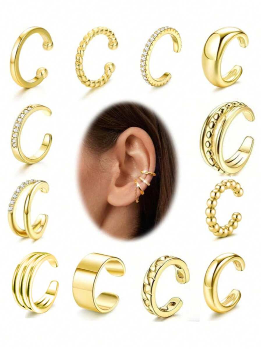 Bộ 12 chiếc/Bộ khuyên tai kẹp kim loại pha lê hình học bện vàng, dành cho cả nam và nữ, Thích hợp cho kỳ nghỉ, hẹn hò, tiệc tùng, đeo hàng ngày, Giáng sinh, ngày lễ tình nhân, quà tặng năm mới cho bạn bè, mẹ, thời trang & đơn giản - Vàng - Xem 1