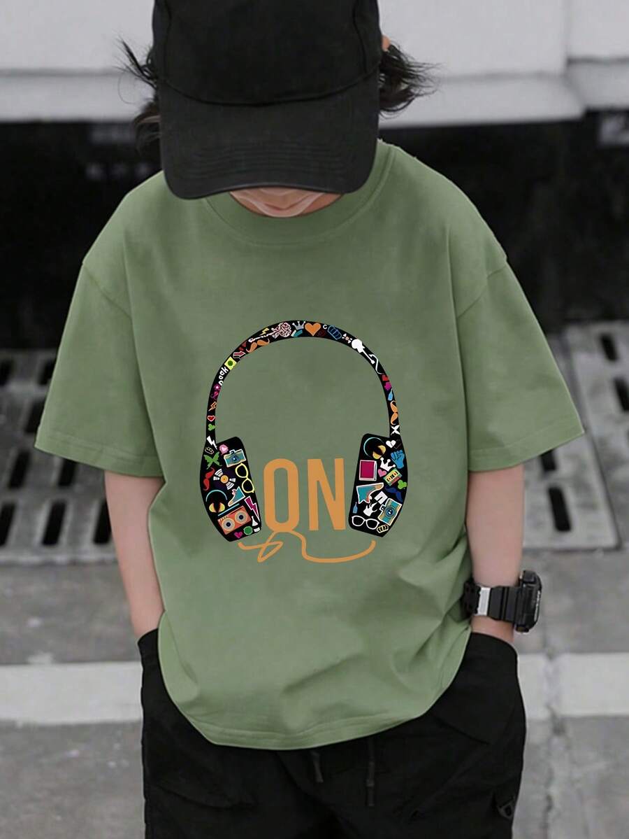 1pc Tween Boy Music Headphone English Graphic Round Neck Short Sleeve T-Shirt, Summer Clothing, Young Student Wear, Big Boy Top - Olive Green - View 1
