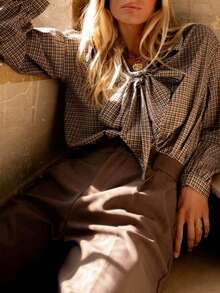 Women's New Autumn Collection & Best Selling Autumn Styles: Casual, Comfortable, Elegant, Retro Bow Plaid Button-Up Shirt, Checkered Tie-Front Blouse Spring - Brown - View 4