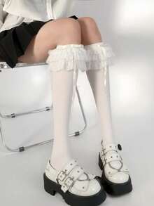 1 Pair Women's Solid Color Over-The-Knee Socks, Loose Fit Lolita Style Multi-Layer Bow Design, Ballet Inspired Japanese Non-Slip Loose Socks, Cute Lolita Tea Party Essential Socks - Multicolor - View 8