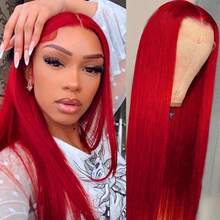 Red Color Hair Long Straight Hair Synthetic Lace Front Wigs 13x4x1 T Part Glueless Pre Plucked Heat Resistant Fiber Frontal Lace Replacement Wig Ready To Wear Natural Light Pink Color For Women Girls Party Concert Makeup Use Daily Wear 32inches - 紅色 - 查看 2