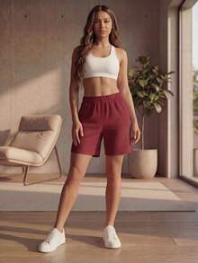 DEVIT - Short 3/4 negro para mujer estilo casual, tela rib acanalada elástica, pretina ancha sin jareta ni bolsillos, diseño básico cómodo y versátil hasta la rodilla ideal para outfits diarios, deportivos o de descanso - Vino - Ver 7