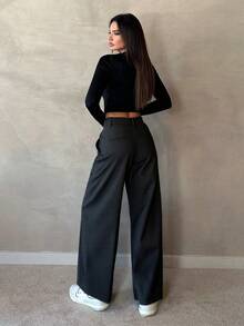 Pantalón  casuales de oficina de unicolor, cintura alta, plisados y recto para dama - Negro 2 - Ver 2