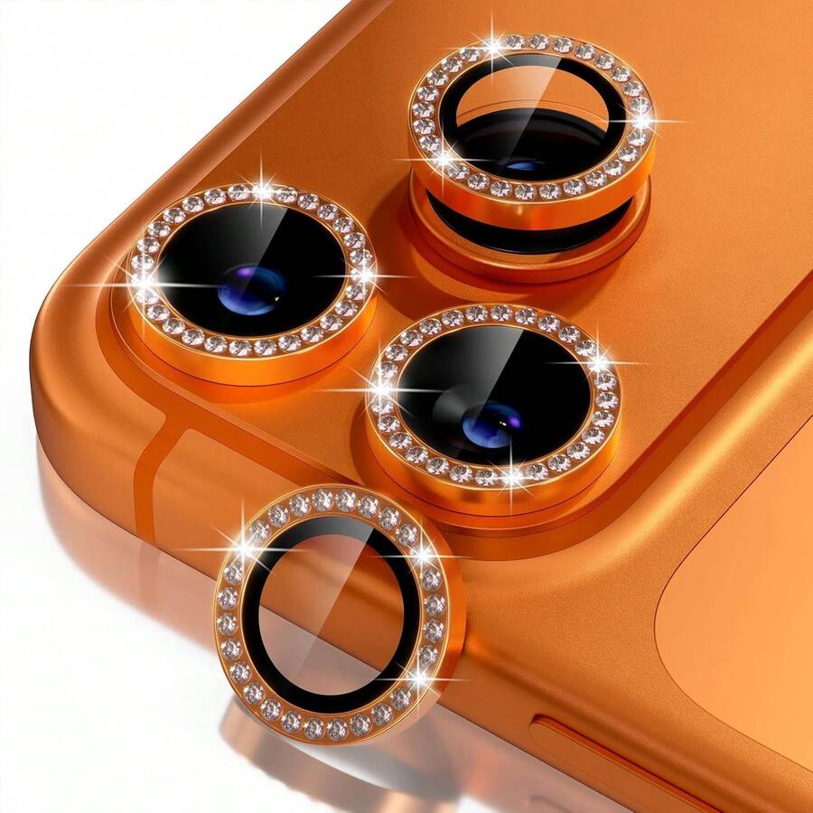 Kameraobjektiv Schutzset für iPhone 17 Pro/17 Pro Max, glänzender einzelner Diamant Metallring, 9H Härte, kratzfester Kamera Bildschirmschutz, modisches Accessoire, kompatibel mit Handyhülle (Orange) - Orange - Übersicht 1