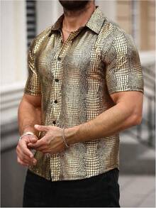 Men's 70s Disco Top Pattern Button Down Short Sleeve Shirt Rave Party PU Leather-Shirt - Black - View 9