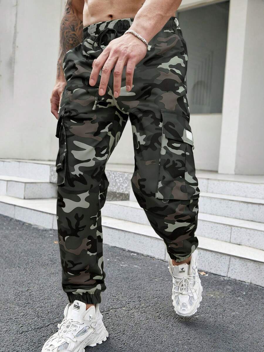 Men's Loose Fit Casual Cargo Pants With Multiple Pockets, Camouflage - Army Green - View 1