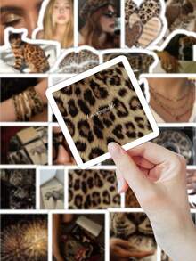 54/63pcs Leopard Print Stickers, Animal Pattern Fashion Bag Hat Cat Stickers, Retro Chic Playful Quote Vinyl Stickers, Suitable For Diary Notebook Laptop Phone Case Decor, Bold Aesthetic Gift Scrapbook Supplies Funny Stickers Laptop Stickers Kindle Phone Stickers - Multicolor - View 11