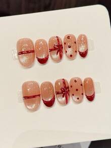 10 piezas de uñas ovaladas hechas a mano, uñas acrílicas para pegar, uñas cortas, uñas rosas minimalistas, uñas de ojo de gato brillantes, uñas con puntas francesas rojas, uñas con lunares de cinta de seda roja pintada a mano, regalo de Año Nuevo, uñas elegantes y sencillas de otoño, uñas postizas de otoño, uñas postizas de invierno, uñas de fiesta, estética minimalista, adecuadas para uso diario y de citas, playa y escapada tropical, adecuadas como suministros de arte de uñas DIY para mujeres y niñas como regalo - Multicolor - Ver 11