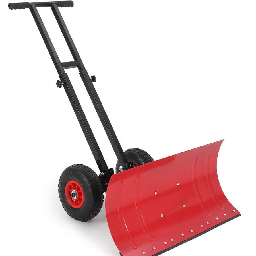Heavy Duty Rolling Snow Shovel With Wheels For Driveway - Adjustable Angle & Height Metal Blade - Ergonomic Snow Pusher For Sidewalk, Yard, Pavement - Easy Snow Removal Tool - 29W X 14H Red - View 1