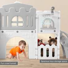 Tobogán 8 en 1 con aro de baloncesto, telescopio, volante, túnel, pelota y espacio de almacenamiento. Ideal para patio, interior y exterior. - Blanco - Ver 4