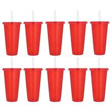 PromoClick Paquete de 10 Vasos de plástico transparente con tapa traslúcida. (Incluyen popote) Cap. 700 ml - Rojo - Ver 5