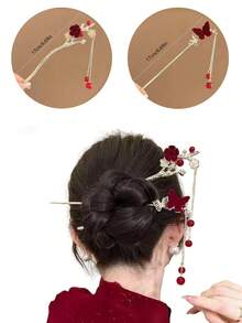 2个中式合金发夹，红色梅花蝴蝶珍珠流苏发簪，优雅复古汉服/旗袍发饰，发髻固定夹，发型发夹 - 彩色 - 查看 10