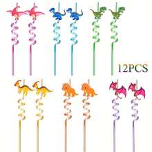 12/6pcs Reusable Cartoon Dinosaur Straws, PET Plastic Material, Fun Straws, Dinosaur Theme Party Birthday Straw Decorations, Small Gift - Multicolor - View 7