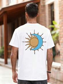 男士休闲节日太阳和月亮图案短袖 T 恤