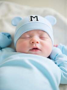 1 buah Topi Bayi Lembut & Hangat dengan 26 Huruf, Cocok untuk Bayi Baru Lahir, Hadiah Luar Biasa untuk Ibu dan Bayi - Baby Blue - View 2