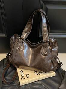1 Pc Vintage Oversized Tote Bag - Boho PU Leather Crossbody Purse For Women, Spacious Travel & Everyday Shoulder Bag With Matching Wallet , Women Casual Tote Bag & Wallet, New Arrival Tote Bags For Woman , Vintage Bag , Y2k , Office , Valentine's Day Gifts For Women - 咖啡棕 - 查看 10