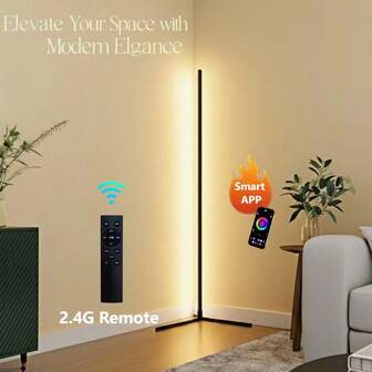 Lámpara de pie de esquina inteligente RGB-IC con aplicación y control remoto, 16 millones de colores y 68+ escenas, sincronización con música, configuración de temporizador - Ideal para salas de estar, dormitorios y salas de juegos