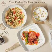 不粘锅具套装，花岗岩不粘烹饪表面，花岗岩铝制不粘锅具套装，煎锅，炒锅，汤锅不粘锅具套装，小麦色花岗岩铝制不粘锅具套装，白色花岗岩不粘锅具套装，煎锅，带盖炒锅，砂锅，炖锅，蒸锅，电磁炉套装