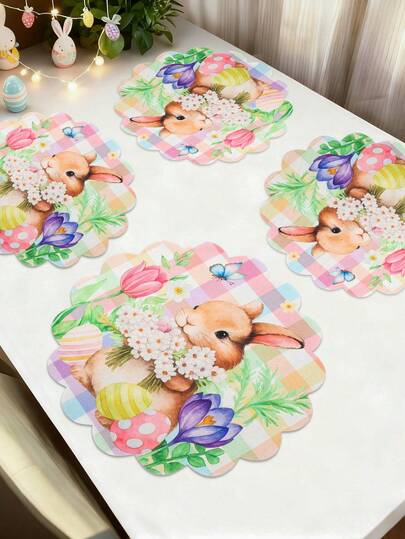 4 件套复活节加厚亚麻餐垫，郁金香兔子彩蛋图案，可水洗圆形亚麻餐垫，扇形边缘 - 鲜艳的花卉设计，适合家居装饰，完美适用于日常使用和节日派对，季节性餐具，节日餐桌布置，春季主题装饰，耐用面料，仅限手洗，装饰性餐垫，派对主人，家庭聚会