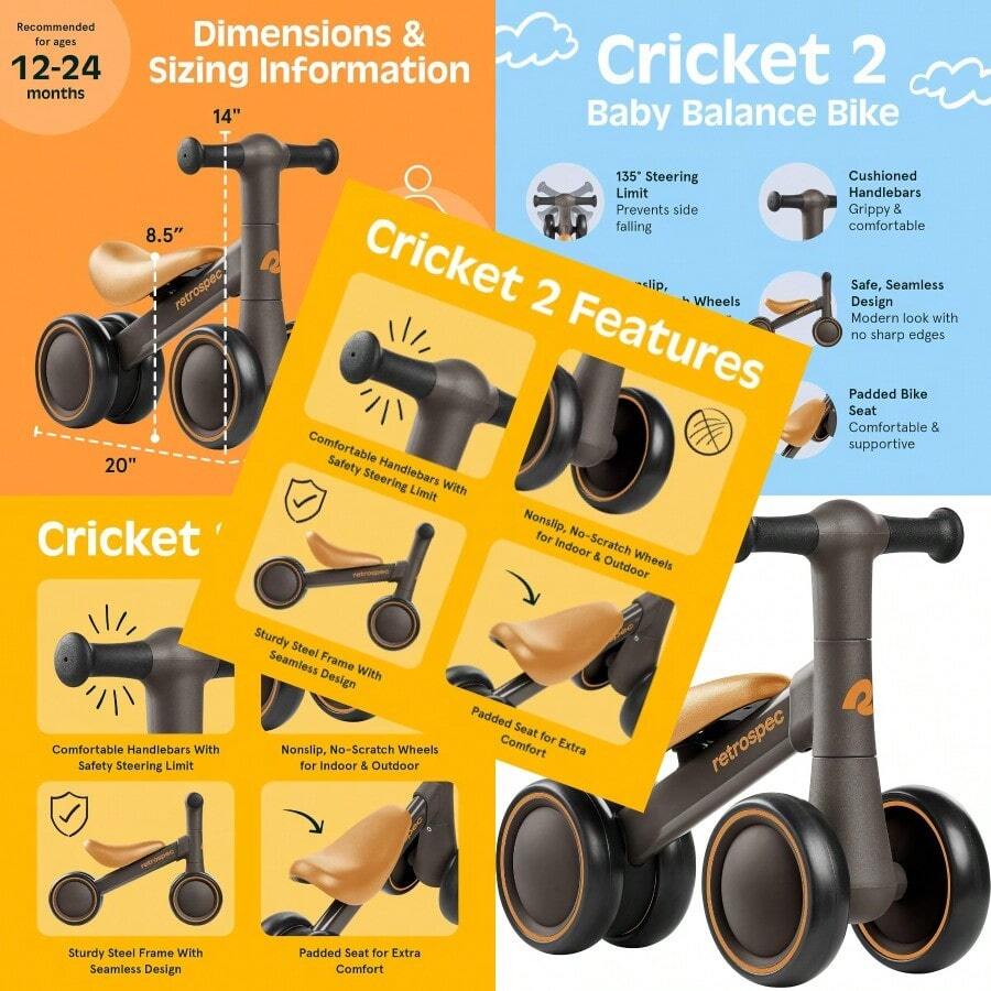 AZQRetrospec icleta de Equilibrio de Cricket para bebé con 4 Ruedas para Edades de 12 a 24 Meses Juguete de icleta para s de 1 año Juguetes de Paseo para s y niñas - Coyote - Ver 1
