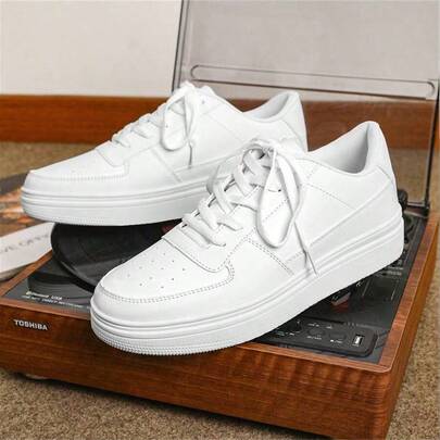 Wide Fit Men's Sneakers, Breathable All-Season Versatile Non-Slip Anti-Odor Thick Sole Plain White Casual Leather Lace-Up Low-Top Plus Size Sports Shoes, Please Order 1 Size Up