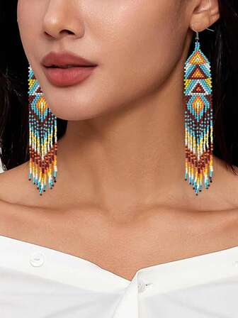 Pendientes largos con borlas bohemios hechos a mano con cuentas de vidrio, joyas para mujer para uso diario, vacaciones, casual, versátil, regalo para amigos, graduación