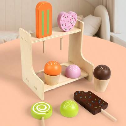 Nordic Children's Wooden Simulation Ice Cream Stall Set, Pretend Play Kitchen Toys For Girls