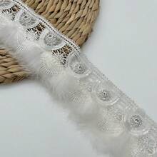 Adorno de encaje peludo de felpa blanca con flores de rosa de perlas falsas bordadas, cinta de encaje para coser y decorar vestidos de novia y ropa, 6 cm de ancho