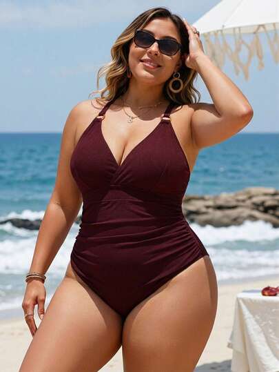 Swim Lushoire 大码纯色连体泳衣，合身简约，休闲，适合夏季日常穿着