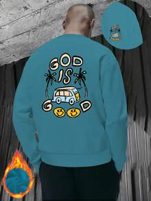 New Year Outfit Women Men Street Style Fashion Crew Neck Sweatshirt God Is Good Car Under Coconut Tree Print Pattern 2025 Autumn Winter Bestselling New  Fashion Long Sleeve Fleece Thickened Essential Classic Basic Style Lazy Style Casual Top Commuting Casual Simple Comfortable Versatile Loose And Comfortable Fall Clothes For Women - 孔雀藍 - 查看 12