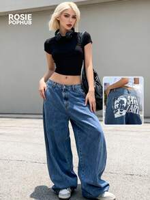 ROSIE POPHUB 女士蓝色牛仔裤，休闲嘻哈街头风，适合返校季、情人节、新年穿搭，春冬新品 - 淺色水洗藍 - 查看 2