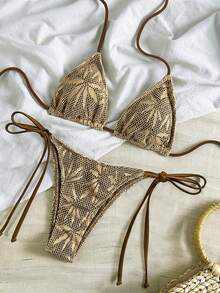 3-częściowy damski komplet bikini boho halter z wiązaniem na plecach i spódniczką wiązaną po bokach, półprzezroczysty, lekko elastyczny materiał