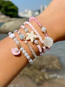 5pcs/Set Minimalist Starfish, Bead, Bowknot, Seashell Charm Bracelet Set, Versatile Beach Holiday Accessories, Perfect Gift (Handmade Beads Quantity May Vary Slightly) - 30848-bra-pink-eP - View 7
