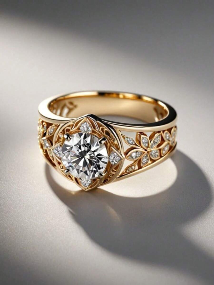 Nhẫn đính hôn mạ vàng 14k dành cho nữ, đính đá Zirconia tổng hợp sáng bóng, hoàn hảo cho đám cưới và các bữa tiệc, món quà Giáng sinh và Ngày Valentine lý tưởng. - Vàng - Xem 1