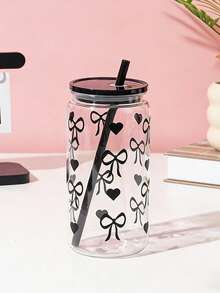 1pc 475ml/16oz Love Bowknot Plastic Water Cup, Bowknot Printed Drinking Cup, With Cover And Straw, Transparent Color Mason Cup, Ladies' Lovely Water Cup, Straw Cup, Iced American Coffee Cup, Milk Cup, Drink Cup, Suitable For Coffee - Nhiều màu - Xem 18