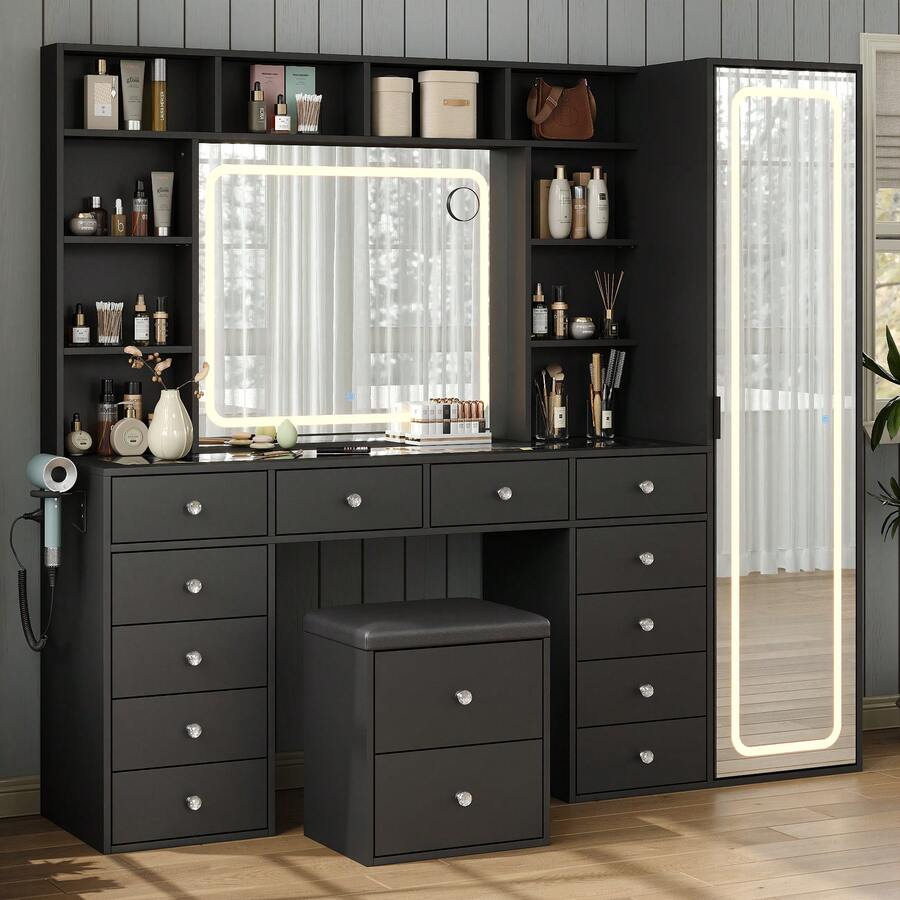 Yanosaku Vanity Desk With Full-Length & LED Mirror, 14 Drawers, 10 Shelves, Hidden Storage, Power Outlet, Dimmable 3-Color Lighting, White Makeup Vanity For Bedroom - View 1
