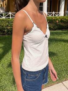 Womens Polka Dot Print Crop Camisoles Tank Tops Spaghetti Straped Deep-V Neck Bow Cami Streetwear Party Clubwear Going Out Tops Vacation Outfits Women, Holiday Outfits Women, New Years Outfits Women - 白色 - 查看 4